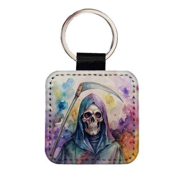 Death Grim Reaper Watercolor Halloween Faux Leather Square Keychain