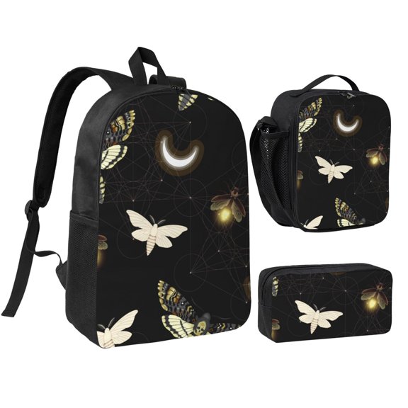Death Head Hawk Moth Fireflies 17-inch Laptop Backpack 3-Piece Set with Insulated Lunch Bag and Accessory Pouch, Rucksack for Teens Adults