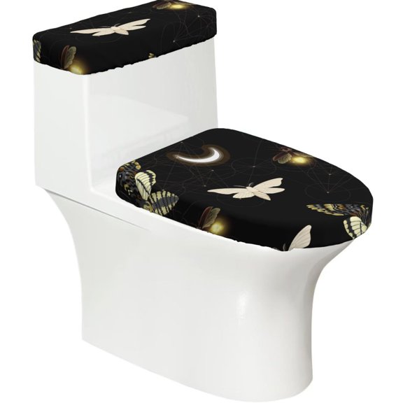 Death Head Hawk Moth Fireflies 2-Piece Elastic Toilet Lid and Tank Cover Set Soft Universal Fit Bathroom Decor Protector