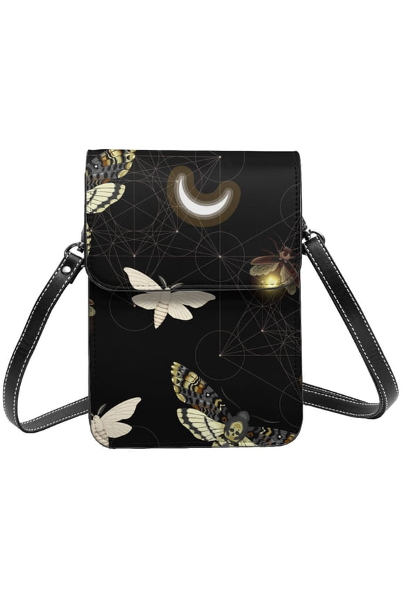 Death Head Hawk Moth Fireflies Cell Phone Purse Small Crossbody Bag with Strap Credit Card Slots Leather Shoulder Wallet for Women