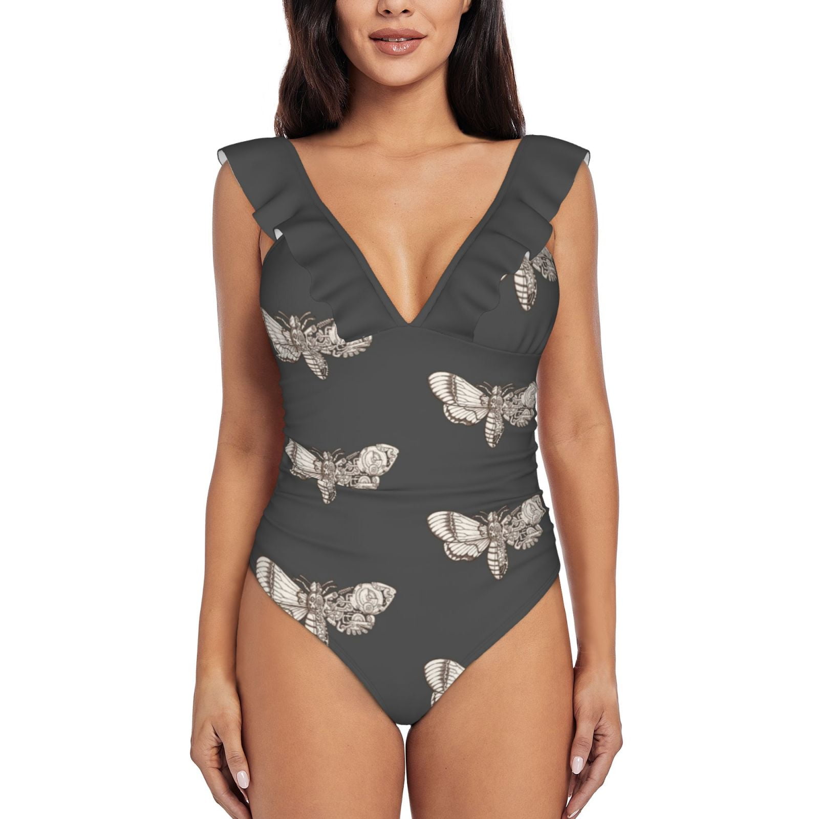 Death Head Moth Scifi One-Piece Swimsuit Women Ruffle Bathing Suits New Girl Beach Swimwear Moth ...