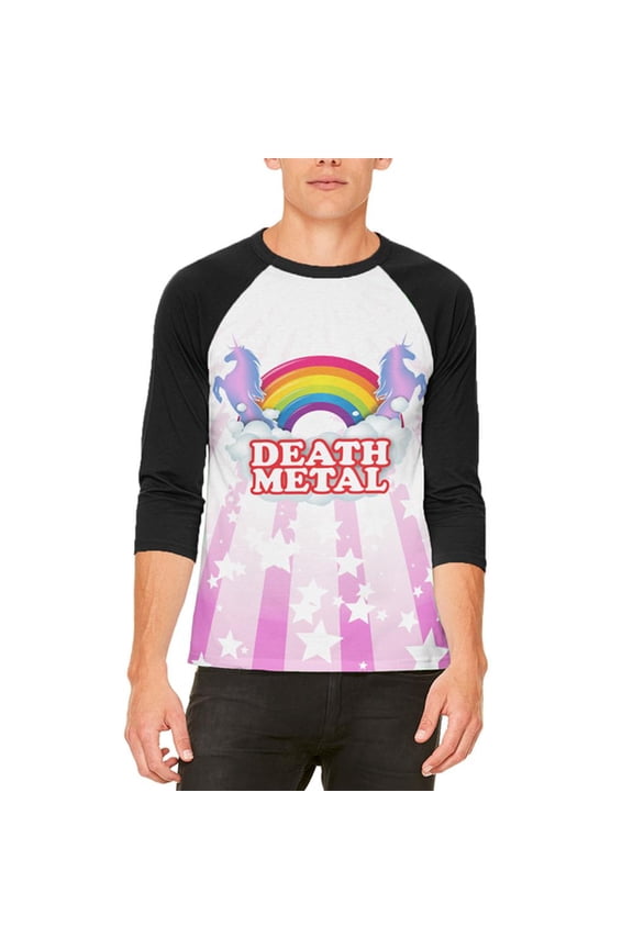 Death Metal Rainbow Unicorns Mens Raglan T Shirt White-Black SM