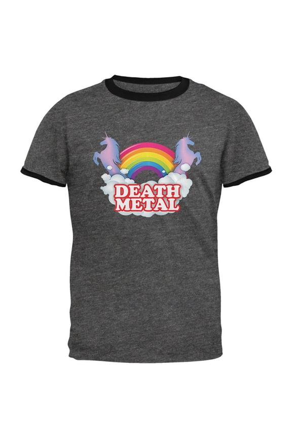 Death Metal Rainbow Unicorns Mens Ringer T Shirt Dark Heather-Black MD