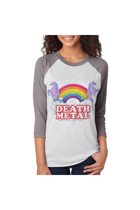 Death Metal Rainbow Unicorns Unisex Raglan T Shirt Premium Heather-Heather White LG