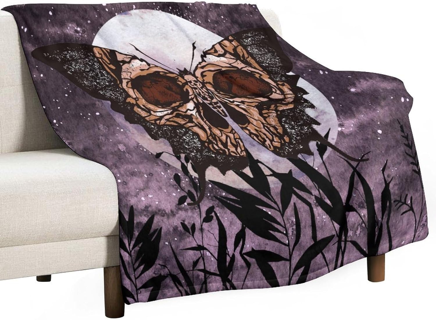 Death Moth Blanket, Boho Gothic Skull Moth Purple Starry Plant Full ...