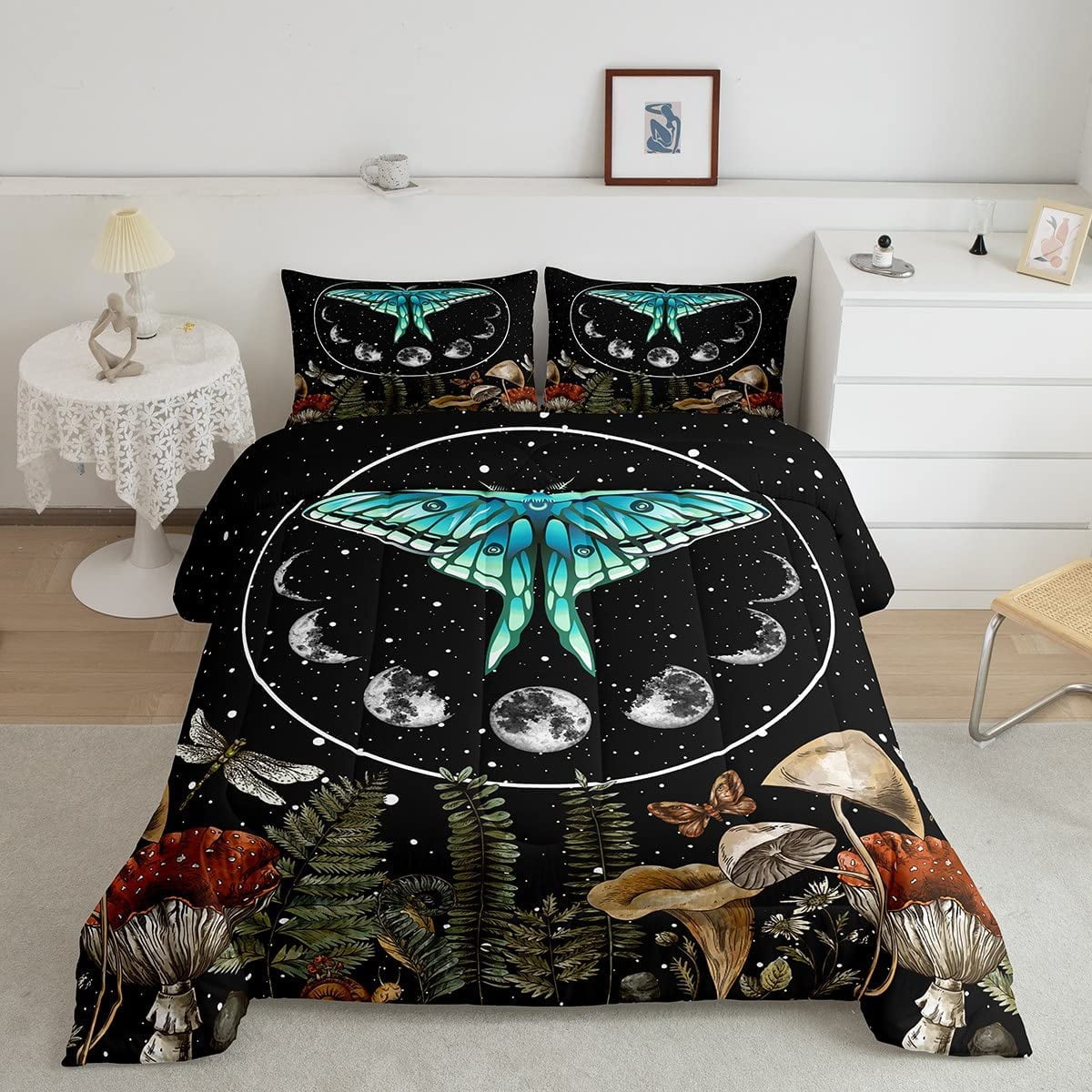 Death Moth Comforter Hippy Mushroom Bedding, Boho Moon Phase Bedding