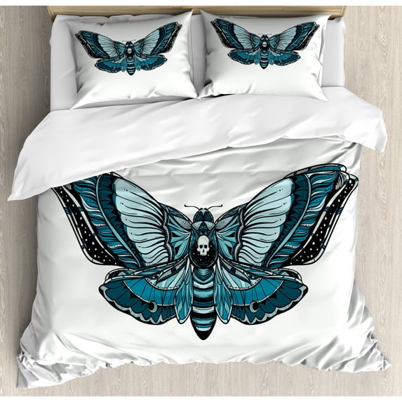 Death Moth Duvet Cover Set King Size, Skull on Butterfly Body Hipster Bush Myth of Universe in Mother Nature, Decorative 3 Piece Bedding Set with 2 Pillow Shams, Pale Blue and Petrol, by Ambesonne