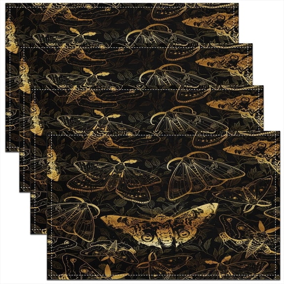 Death Moth Placemats Set of 4 Damask Pattern Table Mats Black Gold Place Mat for Kitchen Dining Table Party Decor Indoor Outdoor 18"x12" Non-Slip Easy to Clean Retro Leaves