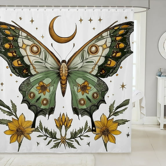 Death Moth Shower Curtain for Adult Gothic Style Bath Curtain Western Farmhouse Moth Print Bathroom Decor Rustic Farm Sunflowers Waterproof Curtain Moth Decor Shower Curtain,72" W x 84" L