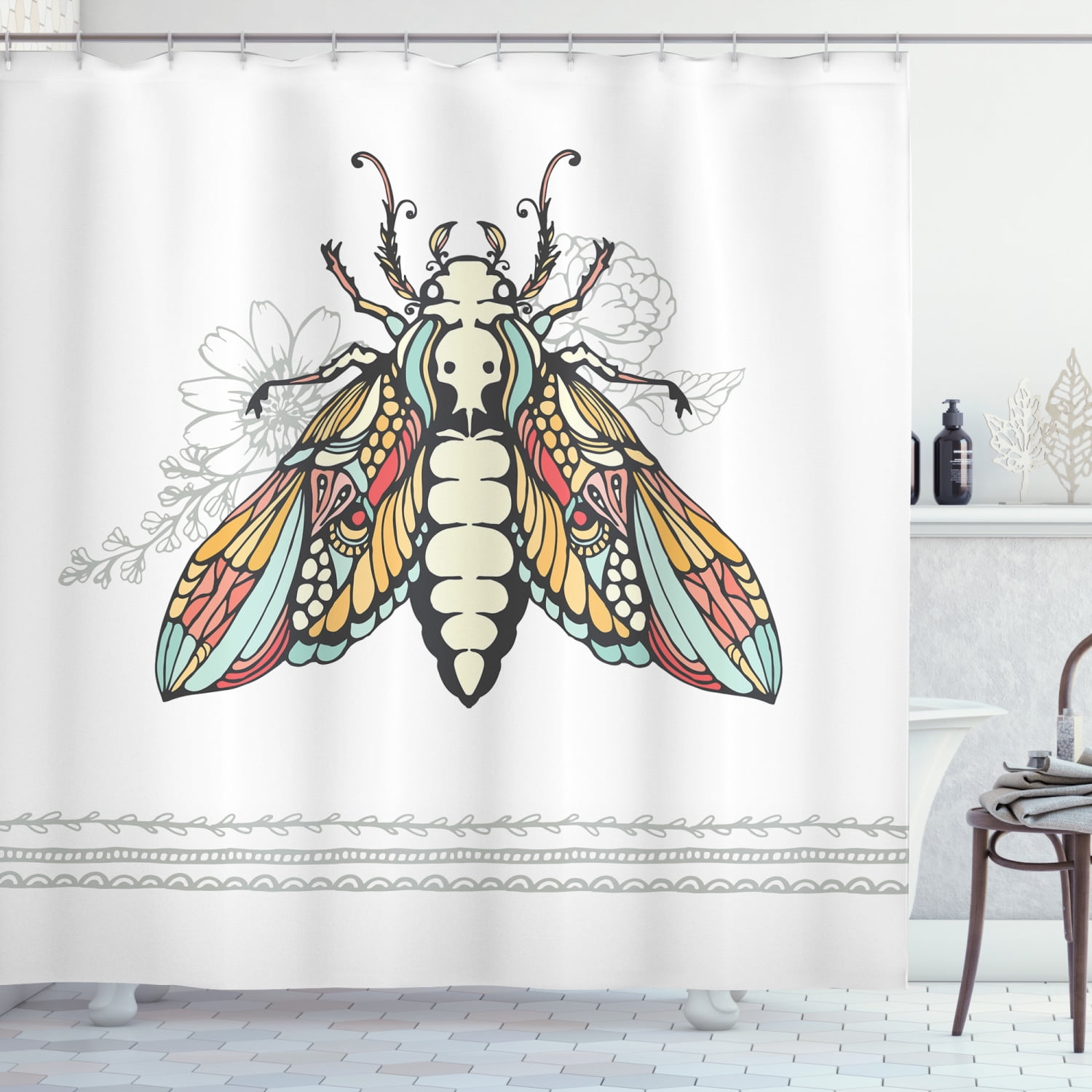 Death Moth Shower Curtain, Ornamental Wings Butterfly with Flower ...