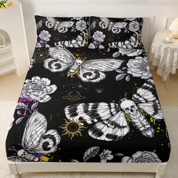 Death Moth Skull Heads Fitted Sheets Bedroom Set Horror Theme Halloween Bedding,Goth Butterfly Bed Set Full Size for Adults Boys Girls Room Decor.