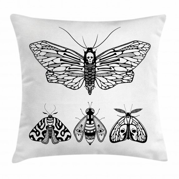 Death Moth Throw Pillow Cushion Cover, Butterfly Figures Halloween Themed Ornamental Gothic Minimalist Wings Art, Decorative Square Accent Pillow Case, 20 X 20 Inches, White and Black, by Ambesonne