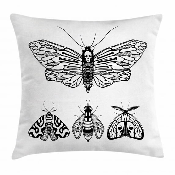 Death Moth Throw Pillow Cushion Cover, Butterfly Figures Halloween Themed Ornamental Gothic Minimalist Wings Art, Decorative Square Accent Pillow Case, 24 X 24 Inches, White and Black, by Ambesonne