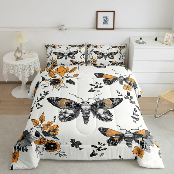 Death Moth Comforter Set Happy Halloween Bedding 2 Pcs, Halloween Themed Bedding Comforter Sets Halloween Decor Gothic Style Duvet Insert Sugar Skull Print Quilt