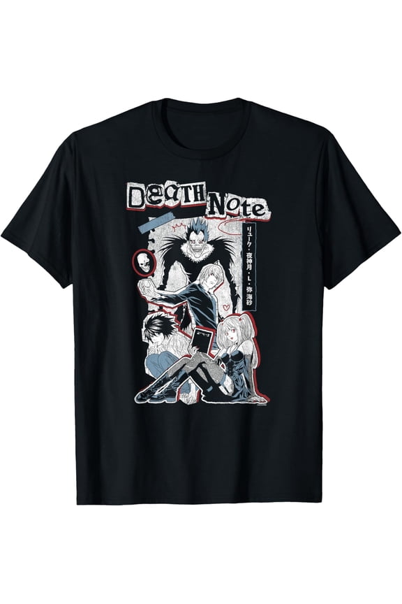 Death Note Character Collage with Kanji Anime T-Shirt Cotton Short Sleeve Crew Neck Soft Fitted Tees T-shirt
