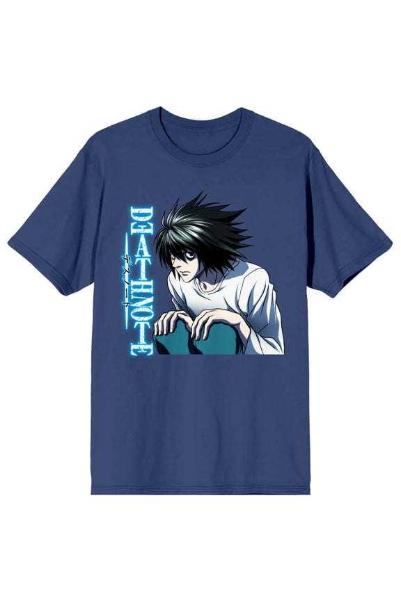 Death Note L Main Art Crew Neck Short Sleeve Navy Women's T-shirt-Medium