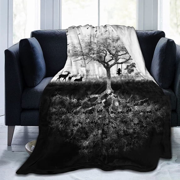 Death Or Life Black and White Tree Throw Blankets Soft Plush Fleece Blanket for Bed Couch Car 60"X50"