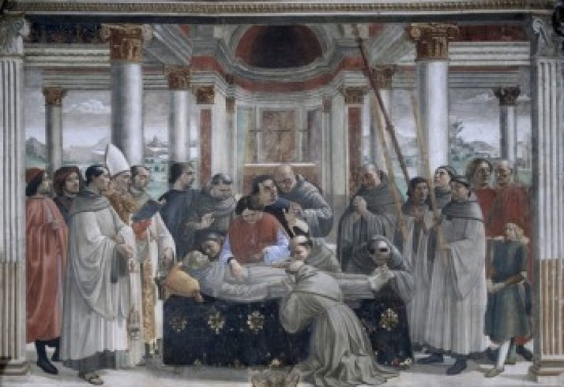 Death of Saint Francis by Domenico Ghirlandaio fresco (1449-1494) Italy Florence Saint Trinity Church Sassetti Chapel Canvas Art - Domenico Ghirlandaio (24 x 36)