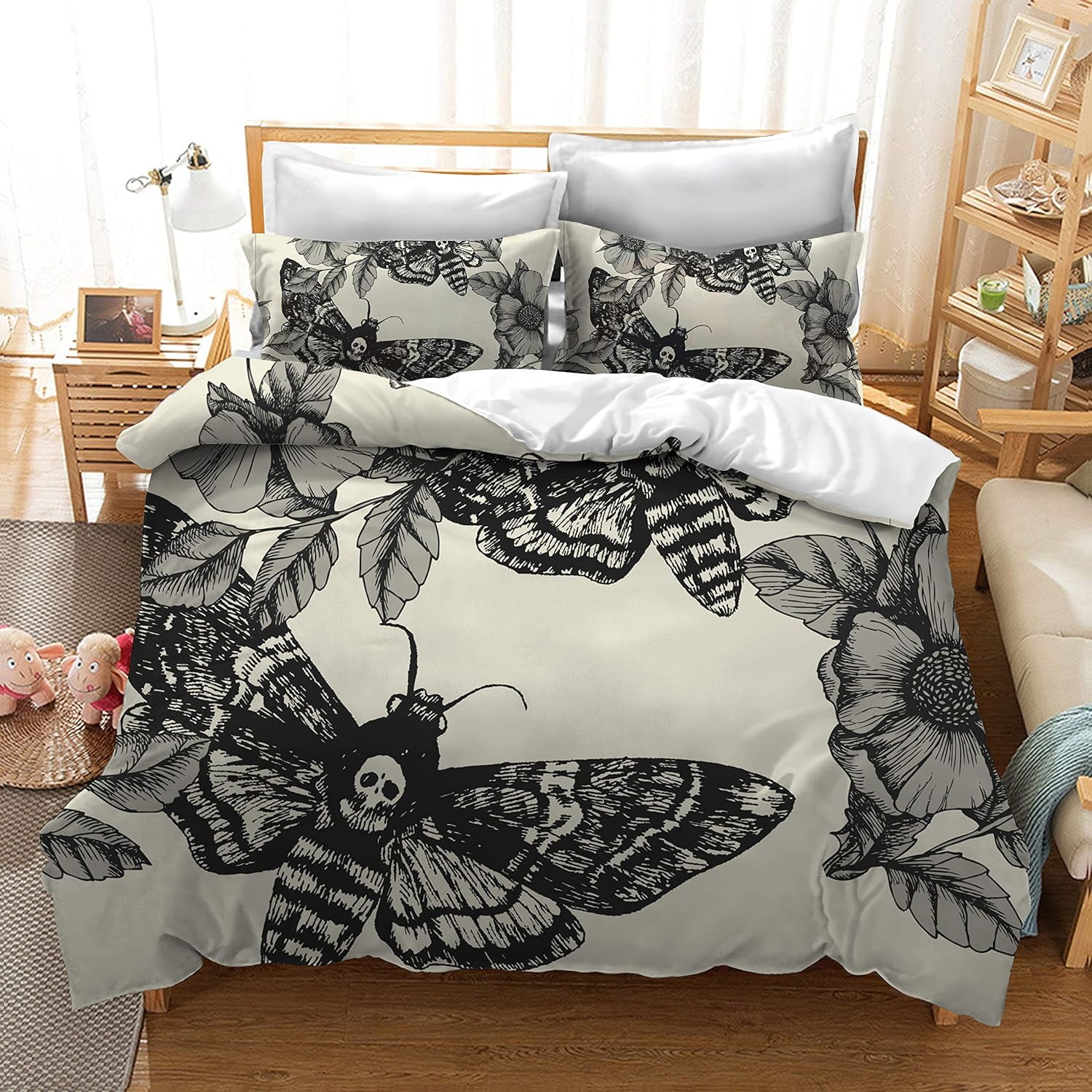 Death Skull and Flower Cream Duvet Cover Queen Size for Kids Teens Adults Home Room Decor,  Boho Gothic Skull Bedding Set 3pcs, Halloween Themed Comforter Cover Horror Room Quilt Cover, 2 Pillowcases