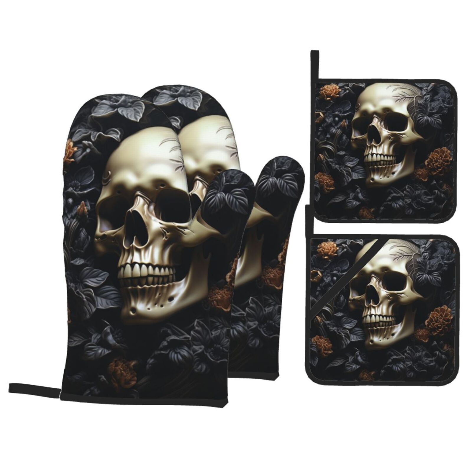 Death Skull Gothic Art Black 4Pcs Oven Mitts and Pot Holders Sets Oven Kitchen Gloves Hot Pads for Cooking BBQ Baking Grilling