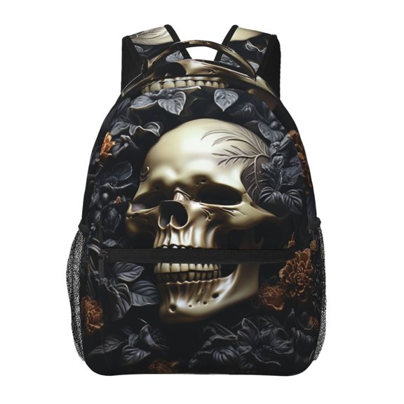 Death Skull Gothic Art Black Backpack Casual College Bag Zipper Laptop Daypack Hiking Rucksack Travel
