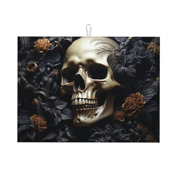 Death Skull Gothic Art Black Large Kitchen Drying Mat 18x24 Inch Ultra Absorbent Dish Drying Mats Foldable Countertop Protector