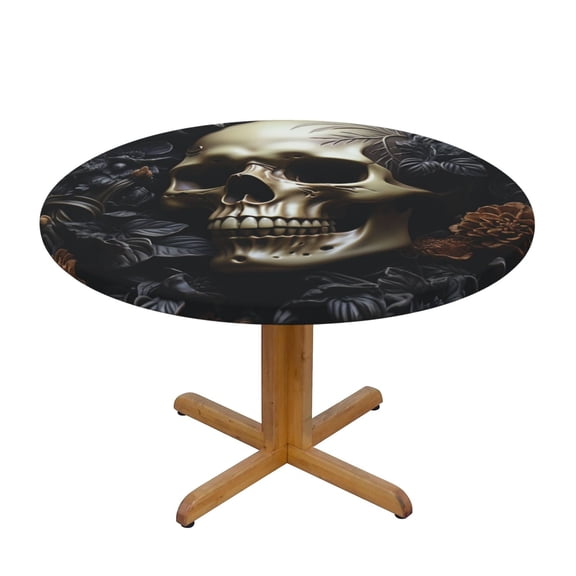 Death Skull Gothic Art Black Round Fitted Tablecloth Elastic Edged Table Cloth Waterproof Table Cover 48in