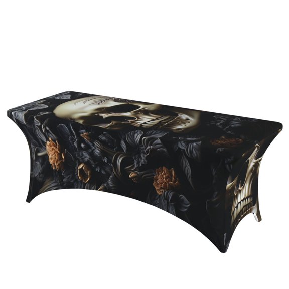 Death Skull Gothic Art Black Stretch Rectangular Table Cover 6FT Elastic Fitted Tablecloth for Parties, Weddings, Banquets