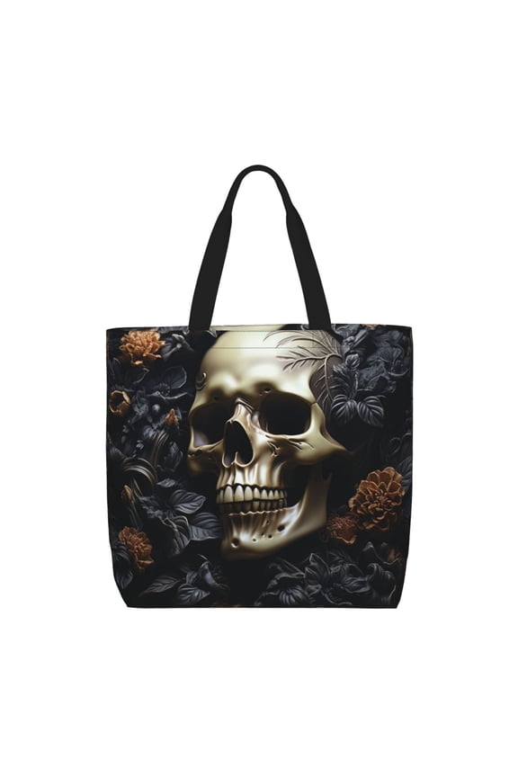 Death Skull Gothic Art Black Zippered Tote Bag Large Capacity Shoulder Handbag for Shopping, Work, Travel