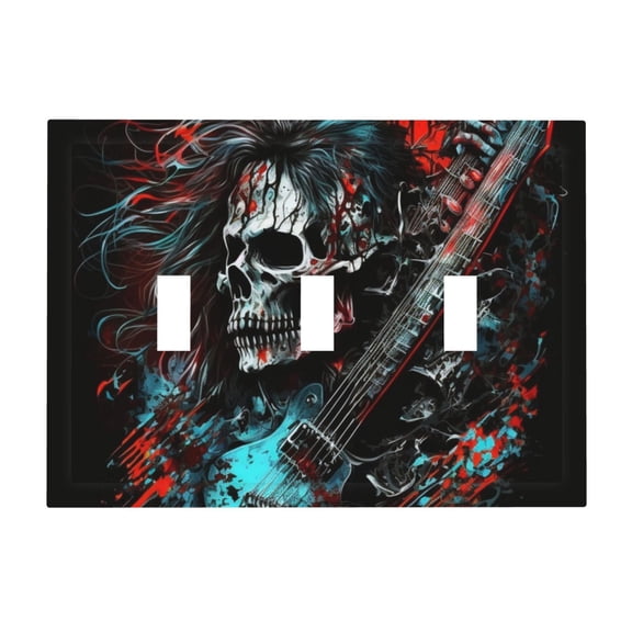 Death Skull Rock Heavy Metal Music 3-Gang Wall Plate Modern Decorative Triple Toggle Switch Cover for Home & Commercial Use