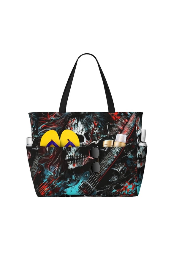 Death Skull Rock Heavy Metal Music Large Capacity Beach Travel Tote Bag Shoulder Handbag for Gym Camping Shopping