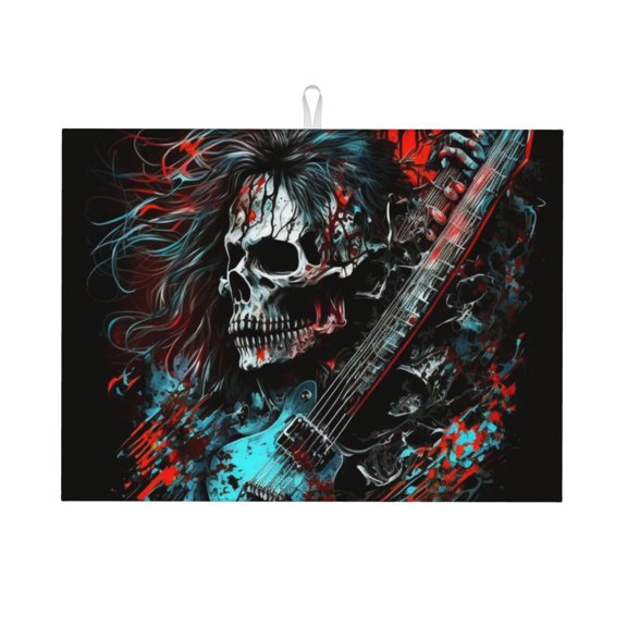 Death Skull Rock Heavy Metal Music Large Kitchen Drying Mat 18x24 Inch Ultra Absorbent Dish Drying Mats Foldable Countertop Protector