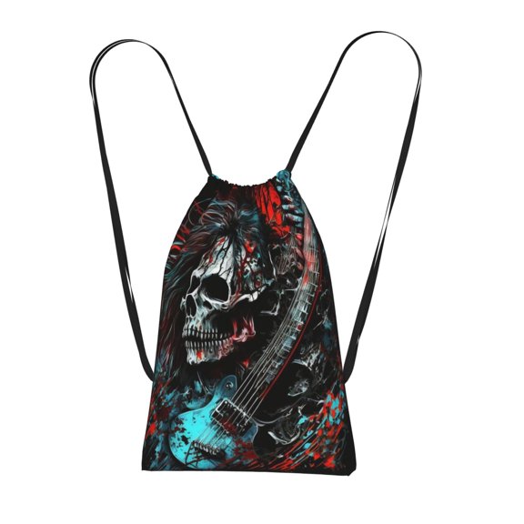 Death Skull Rock Heavy Metal Music Packable Drawstring Backpack, Lightweight Foldable Cinch Storage Bag for Gym Travel Shopping