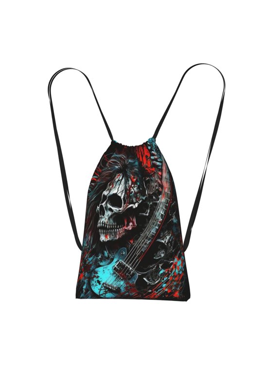 Death Skull Rock Heavy Metal Music Packable Drawstring Backpack, Lightweight Foldable Cinch Storage Bag for Gym Travel Shopping