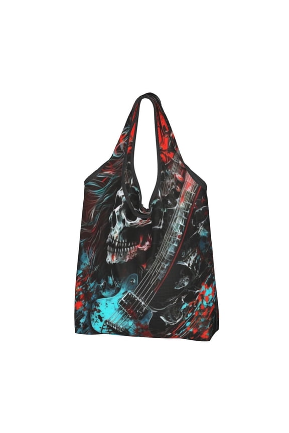 Death Skull Rock Heavy Metal Music Reusable Grocery Bags Shopping Totes Foldable Washable Pouch Handbag Storage Bag