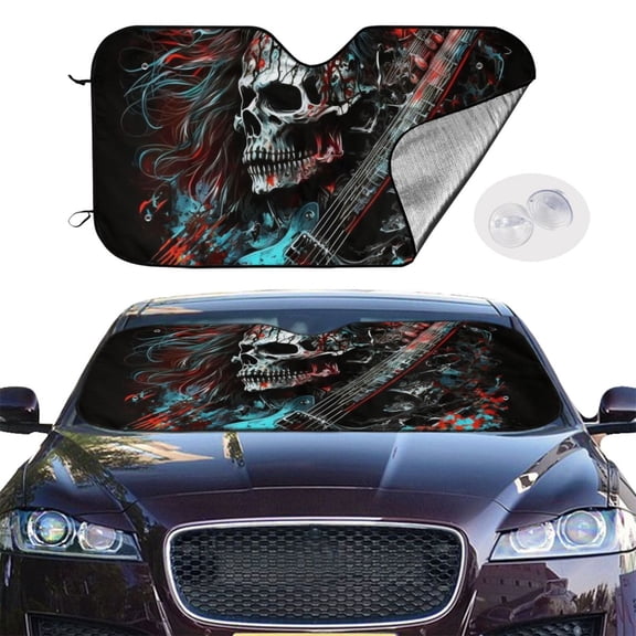 Death Skull Rock Heavy Metal Music Windshield Sunshade Sun Shade Front Window Car Sun Visor Protector for Truck SUV Blocks UV Ray,Large
