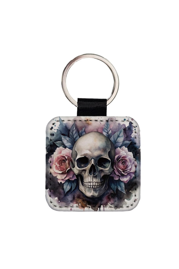 Death Skull Roses Black Watercolor Faux Leather Square Keychain