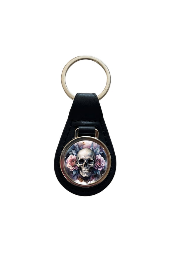 Death Skull Roses Black Watercolor Metal Black Leather Keychain