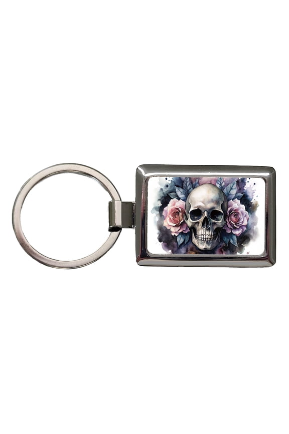 Death Skull Roses Black Watercolor Metal Rectangle Keychain