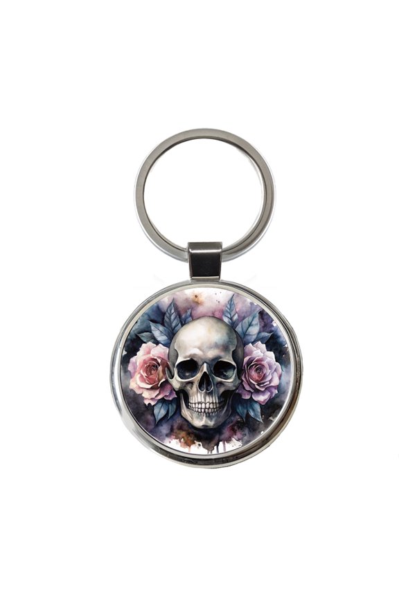 Death Skull Roses Black Watercolor Metal Round Keychain