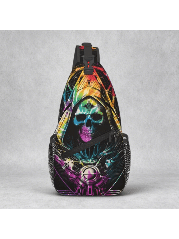 Death Skull Three Eyes Print Sling Bag, Foldable Crossbody Backpack for Travel and Work