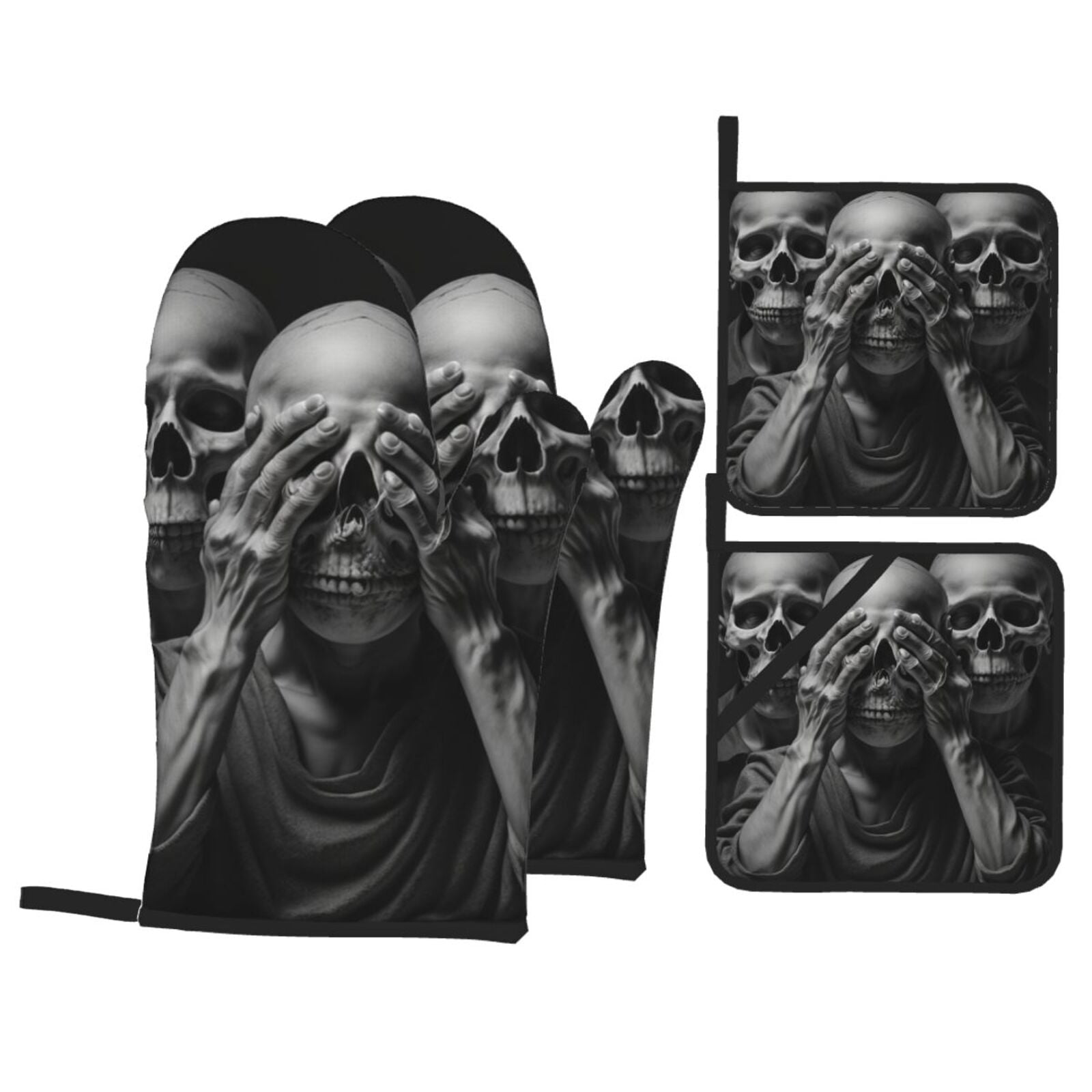 Death Skulls Gothic Skull 4Pcs Oven Mitts and Pot Holders Sets Oven Kitchen Gloves Hot Pads for Cooking BBQ Baking Grilling