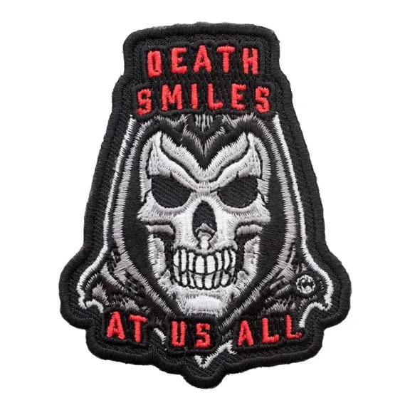 Death Smiles At Us All Grim Reaper. Gray, Red, Patch, Death Patches