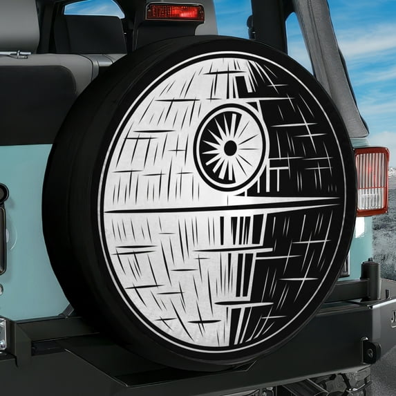 Death Star Black White Fabric Spare Tire Cover, S.W Tire Decor Weatherproof Dust-Proof Protectors For Suv Rv Camper Trailer Truck 14 15 16 17 18In