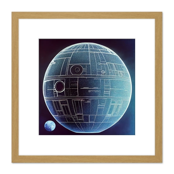 Death Star Space Station Design Exterior Blueprint Blue Illustration Square Wooden Framed Wall Art Print Picture 8X8 Inch