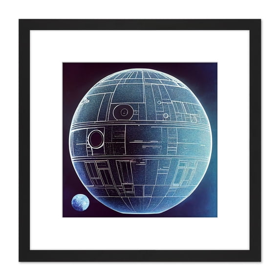Death Star Space Station Design Exterior Blueprint Blue Illustration Square Wooden Framed Wall Art Print Picture 8X8 Inch