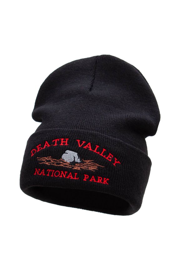 Death Valley Embroidered Long Knitted Beanie - Black OSFM