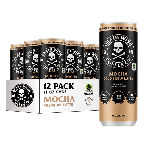 Death Wish Coffee Co., Premium Mocha Latte, 100% Colombian Cold Brew Fair Trade™ Coffee, 11 Fl oz Can, 12-pack