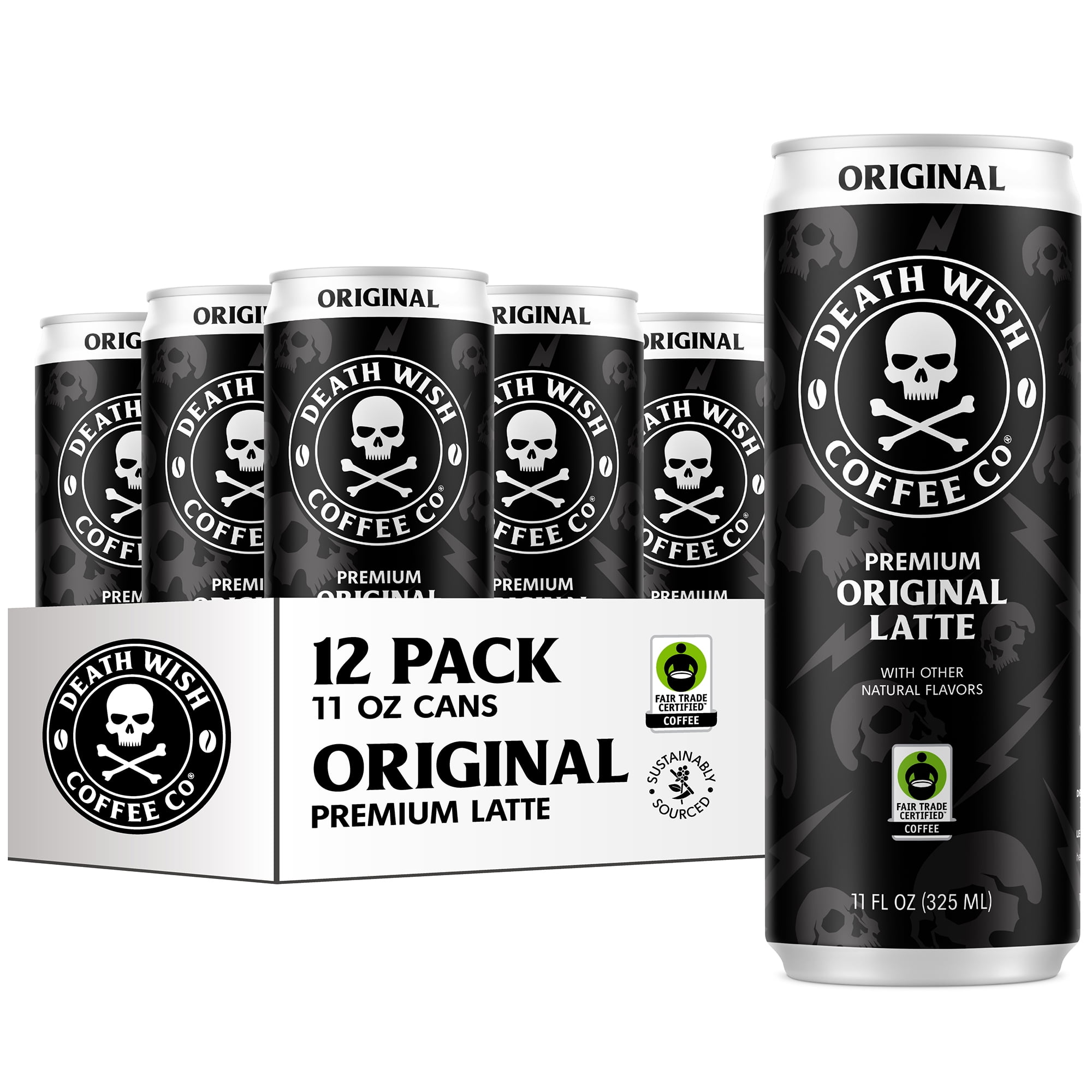 Death Wish Coffee Co., Premium Original Latte, 100% Colombian Cold Brew Fair Trade Coffee, 11oz Can, 12-pack