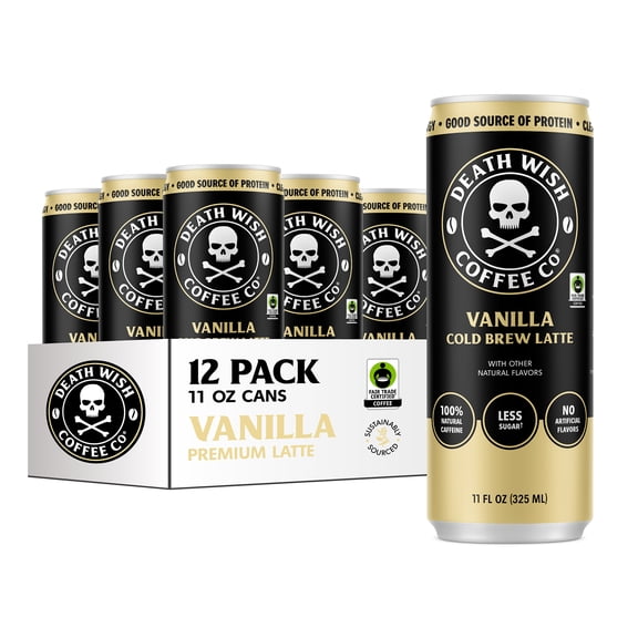 Death Wish Coffee Co., Premium Vanilla Latte, 100% Colombian Cold Brew Fair Trade Coffee, 11 Fl oz Can, 12-pack